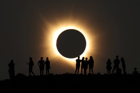 The moon completely covers the sun during a total solar eclipse as seen from the Javalambre Astrophysical Observatory in Arcos de las Salinas, near Teruel, Spain