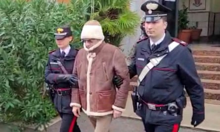 Matteo Messina was escorted from a Carabinieri police station after he was arrested in Palermo, Italy on January 16, 2023.