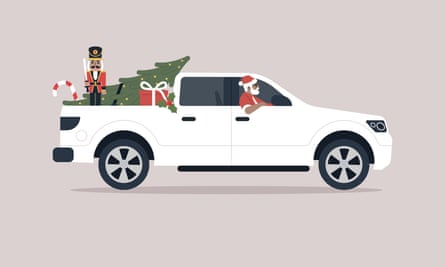 An illustration of a car with Christmas paraphernalia in the bed. Santa is driving.