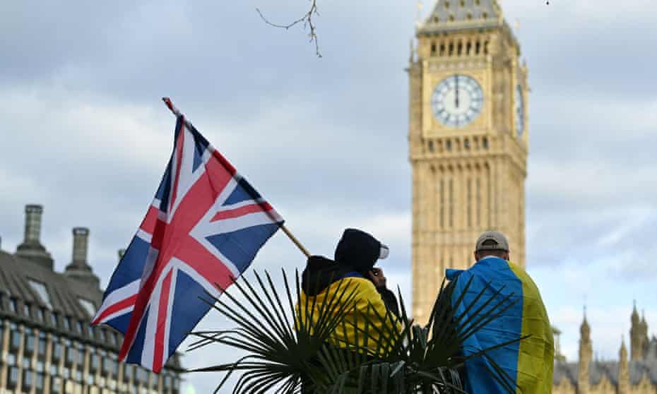 Anti-war demonstrators outside the Houses of Parliament yesterday.