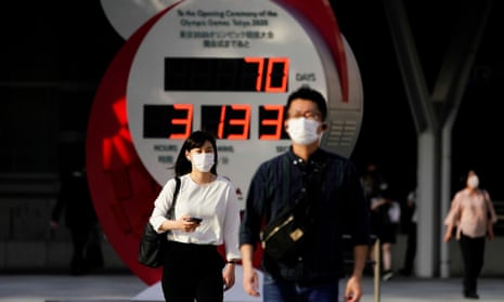 Passersby wearing protective face masks walk near a countdown clock of Tokyo 2020 Olympic Games that have been postponed to 2021 due to the coronavirus disease