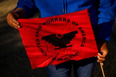 A person holds a sign that reads “united farm workers of America, si se puede”
