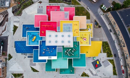 Overhead drone shot of the Lego House