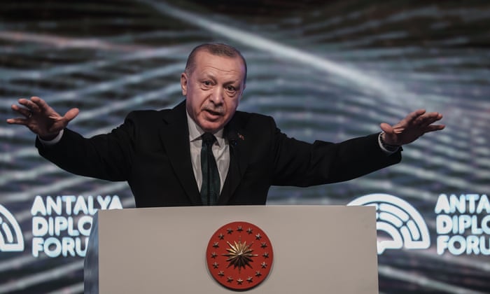Turkish president Recep Tayyip Erdoğan attends the Antalya Diplomacy Forum on 11 March in Antalya, Turkey.