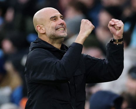 Pep Guardiola celebrates a goal against Wolves in January 2026