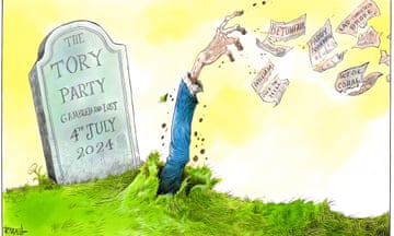A hand reaching out of a grave throwing away torn-up betting slips, with the words on the headstone reading: ‘Tory party, gambled and lost, 4th July, 2024’