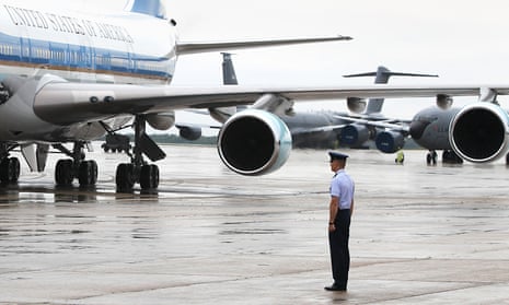 Air Force One arrives at Pease air national guard base in Portsmouth, New Hampshire, June 2012.