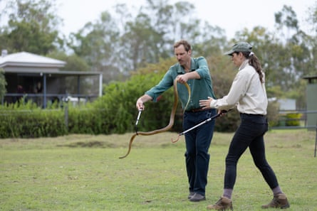 Man handling snake while woman instructs