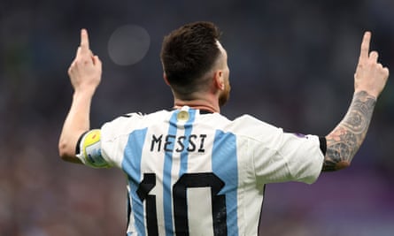 Lionel Messi of Argentina celebrates scoring the first goal in the semi-final against Croatia.