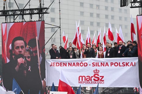 Deputy Sejm speaker and Movement Chairman Krzysztof Bosak speaks before the start of the Independence March in Warsaw, Poland.