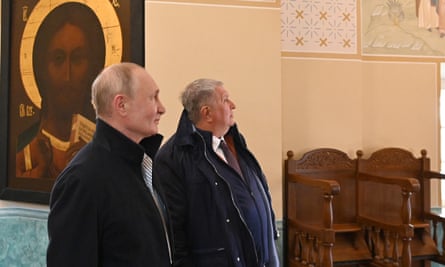 Igor Sechin, right, and Vladimir Putin visit the Konevsky monastery on Konevets Island on Lake Ladoga.