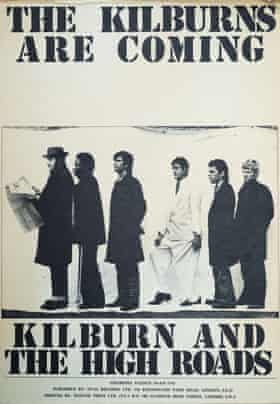 A Kilburn and the Highroads poster from 1973. Russell Hardy is at the front of the queue, reading a newspaper, followed by David Newton-Rohoman, Keith Lucas, Humphrey Ocean, Ian Dury and Davey Payne