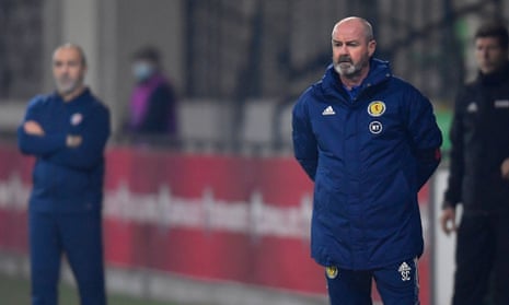 Steve Clarke during Friday’s win over Moldova in Chisinau, which secured Scotland’s place in the play-offs