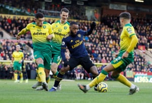 Lacazette, covered by the Norwich defence.