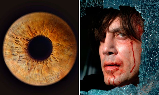 A composite photo of a pale brown iris and a still of the actor Javier Bardem in his Oscar-winning role