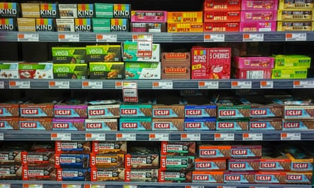 A selection of energy bars in a supermarket in New York, US.