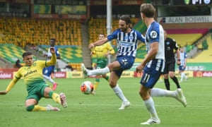 Brighton’s Davy Propper’s shot is blocked by Norwich’s Max Aarons.