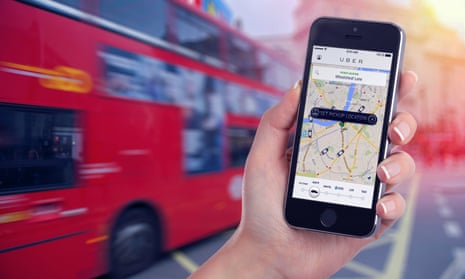 An Uber app and a red London double-decker bus