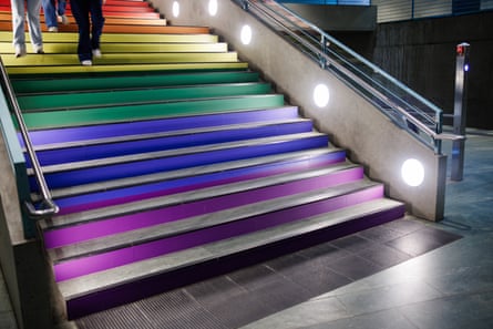 Stairs at the Bundestag underground station painted in rainbow colours
