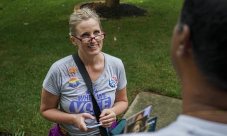 Juli Briskman as she campaigned door-to-door in her neighborhood in Sterling, Virginia.