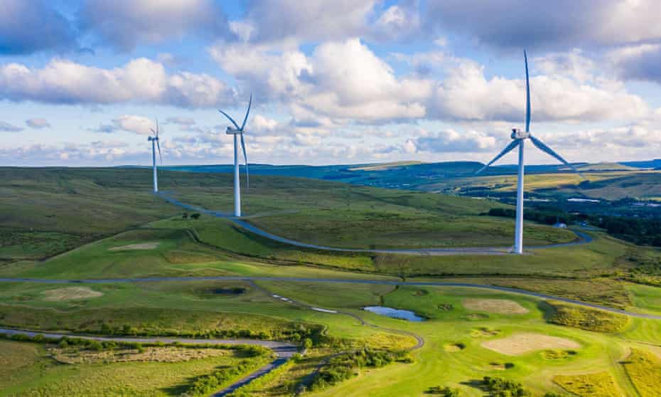 Wind turbines in a rural area of south Wales.
