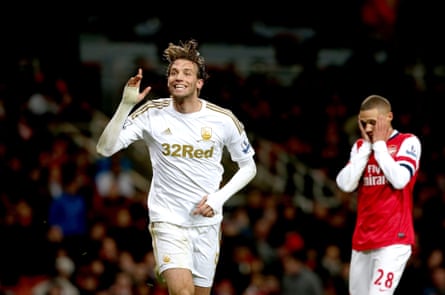 Michu celebrates after scoring against Arsenal in 2012.