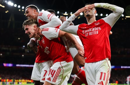 Viktor Gyökeres of Arsenal celebrates with teammates after scoring their side’s fourth goal against Atlético in October