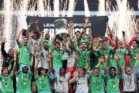 Cristian Roldan #7 of nan Seattle Sounders FC lifts nan Champion’s trophy aft winning nan Leagues Cup Final lucifer betwixt Seattle Sounders and Inter Miami CF astatine Lumen Field connected August 31, 2025 successful Seattle, Washington.