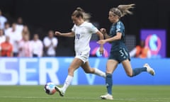 England's Ella Toone scores her side's first goal during the Women's Euro 2022 final soccer match between England and Germany at Wembley stadium in London, Sunday, July 31, 2022. (AP Photo/Leila Coker)