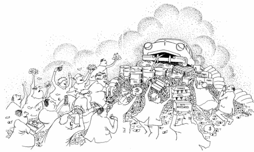 A 1970 anti-automobile cartoon by Richard Hedman. It originally appeared in Autokind V Mankind by Kenneth R Schneider.