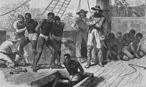 Slaves aboard a slave ship being shackled before being put in the hold