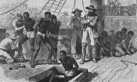 Illustration by Swain, from 1835, of slaves being put into the hold.