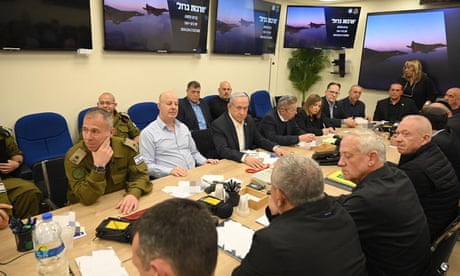 Benjamin Netanyahu (centre) during an Israeli war cabinet meeting at the Kirya in Tel Aviv on Saturday.