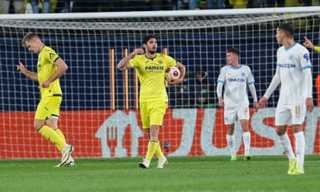 Villarreal players celebrate their team second goal during their Europa League