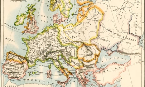 Map of Europe in the time of Charlemagne 768-814 AD. Color lithograph