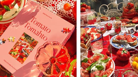 side by side photos of puzzle box and tomatoes on dinner table outside