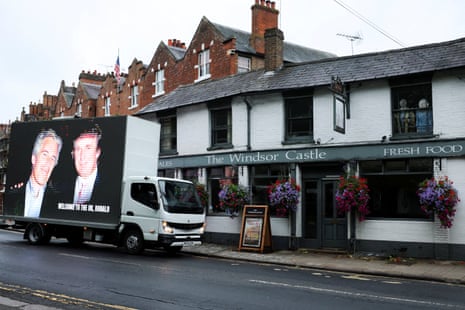 An image of Donald Trump alongside disgraced financier Jeffrey Epstein on an advertising van in Windsor this morning.