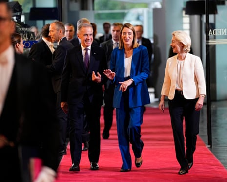 Prime minister Mark Carney participates in a welcoming ceremony with President of the European Parliament Roberta Metsola and President of the European Commission Ursula von der Leyen at the European Parliament in Strasbourg, France.