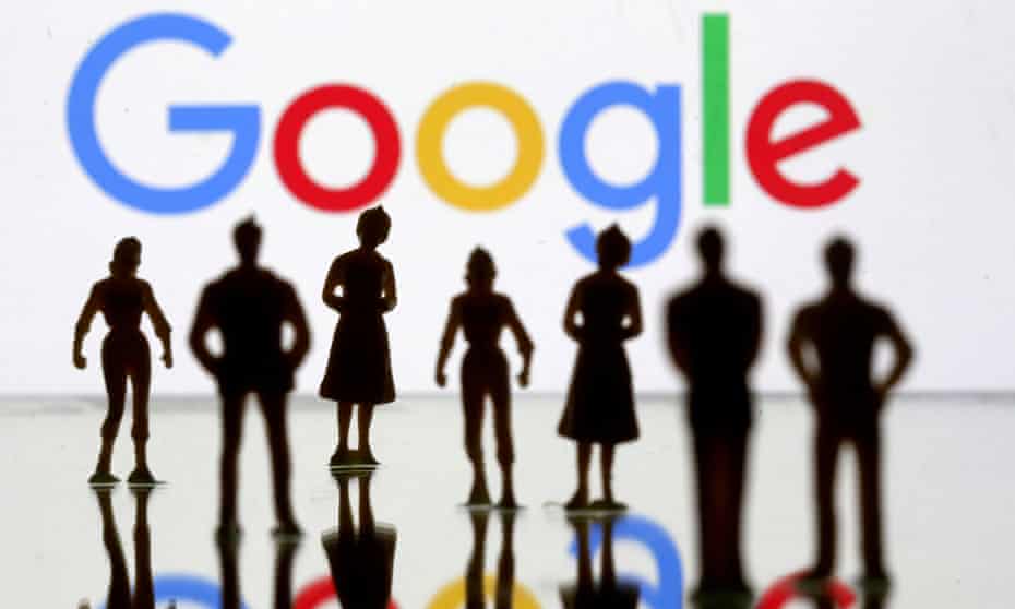An illustration picture of small toy figures in front of the Google logo