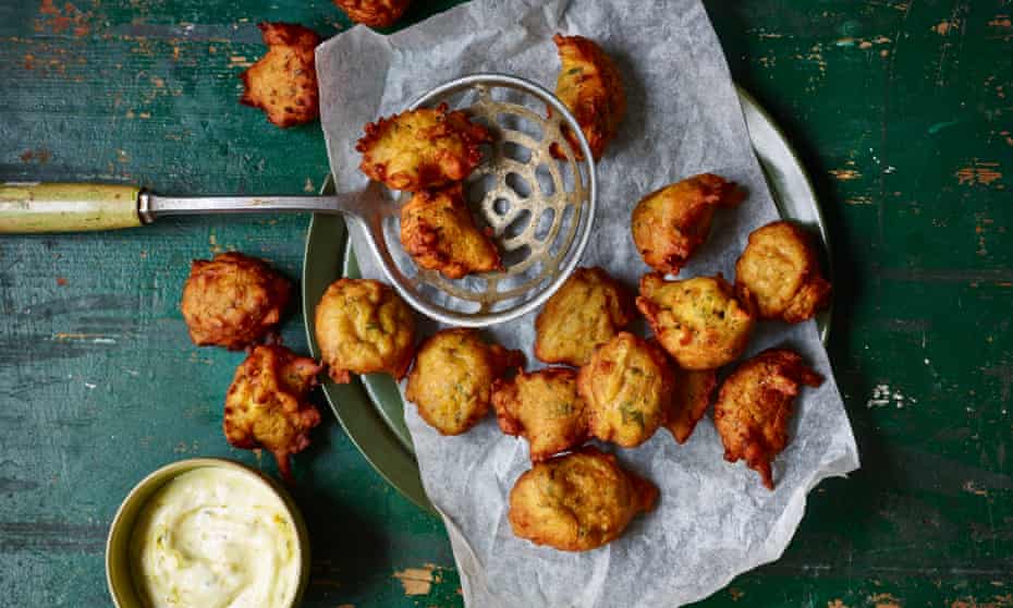 Spiced swede and onion beignets with lime pickle yoghurt