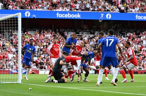 Riccardo Calafiori of Arsenal scores a goal which is later disallowed by VAR.