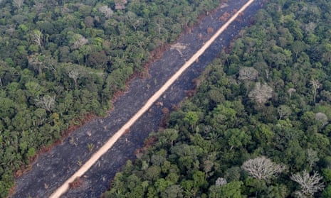 A road runs through a tract of burnt Amazon jungle near Porto Velho, Rondonia state, Brazil.