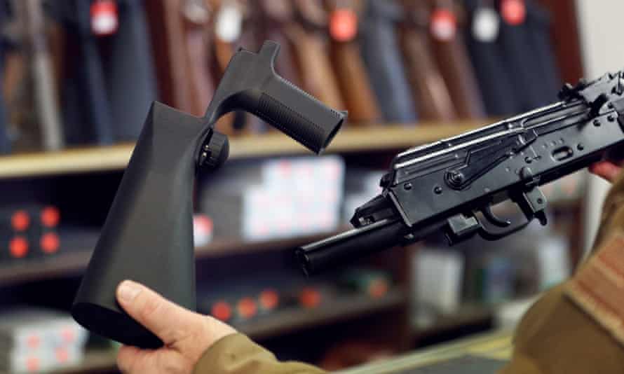 A bump stock device fits on a semi-automatic rifle to increase the firing speed, making it similar to a fully automatic rifle.