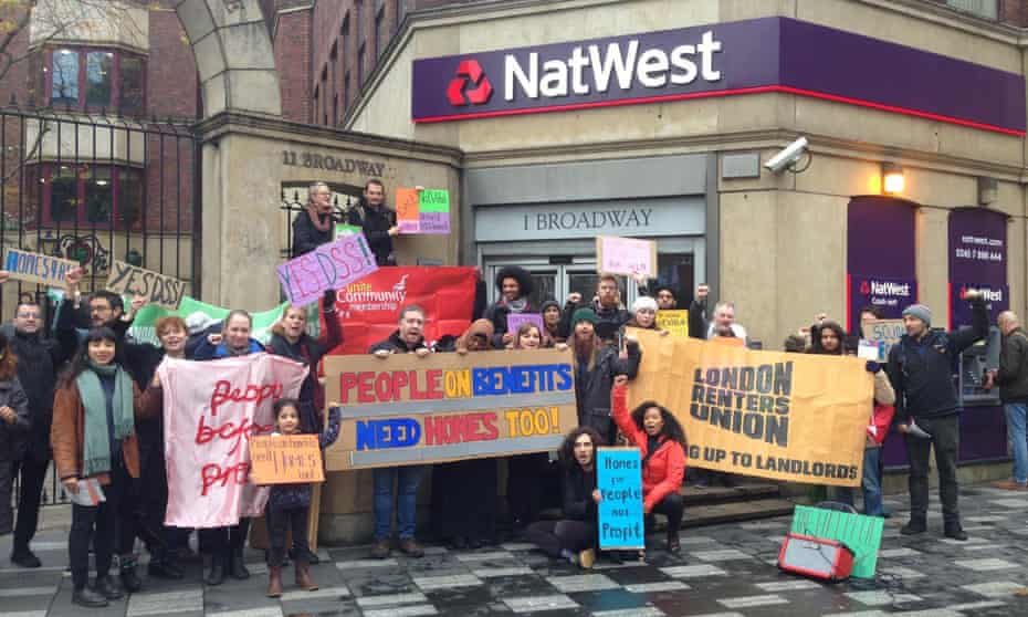Protesters from the London Renters Union outside the NatWest in Stratford