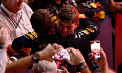 Max Verstappen celebrates after winning the race.
