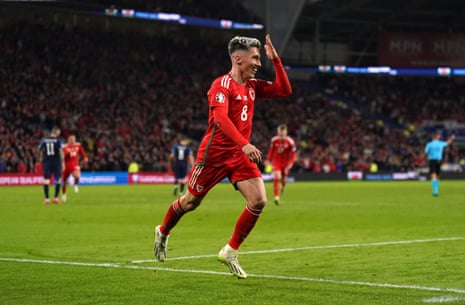 Wales' Harry Wilson celebrates scoring their side's second goal.