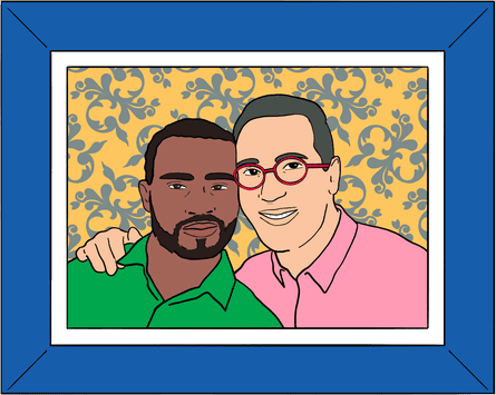 Illustration of a framed portrait of a couple of men