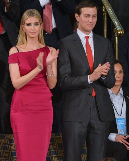 Ivanka in fitted fuscia dress and husband, standing up and clapping