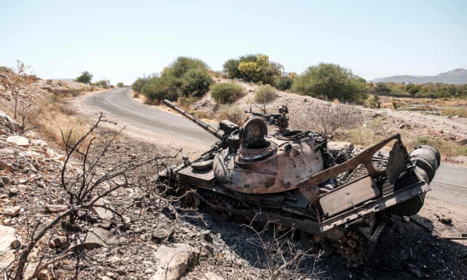 A damaged tank abandoned on a road near Humera, Ethiopia, in November 2020