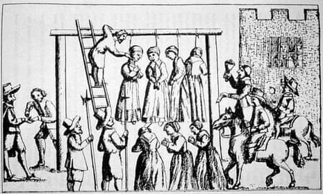 An illustration showing the hanging of women deemed guilty of witchcraft.